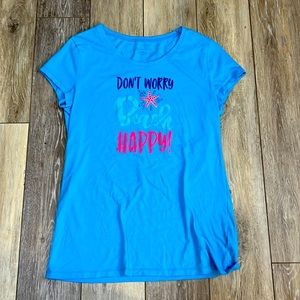 Blue short sleeve shirt that says “don’t worry beach happy”